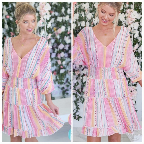 Tiered And Striped Dress- HOT PINK MULTI - Picture 2 of 3
